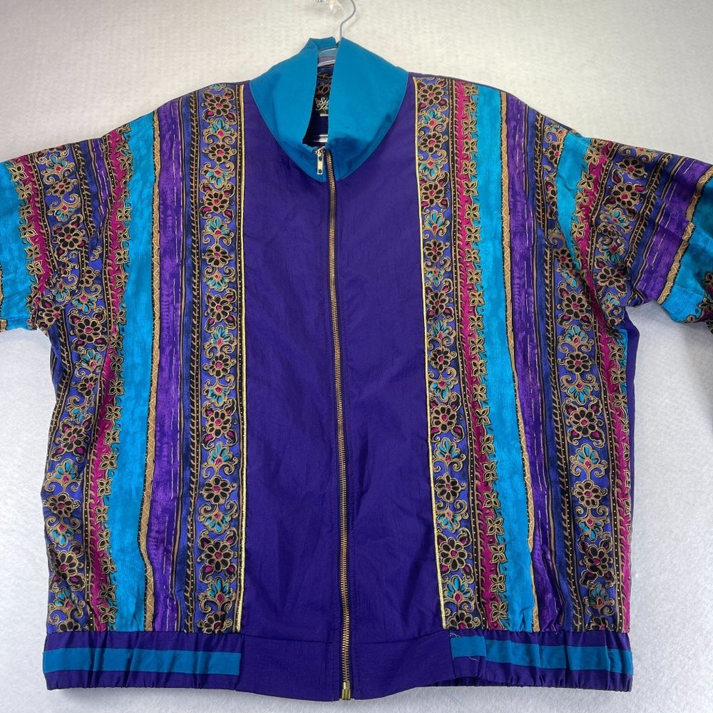 Vintage SILVER THREADS Womens 1X Plus Blue Purple 80s Windbreaker Track Jacket